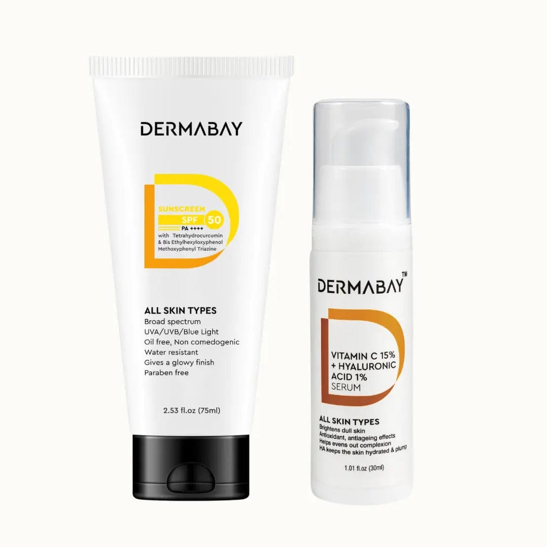 Glow And Protect Combo- Vitamin C 15% + HA 1% Serum & Sunscreen - DermabayDermabay